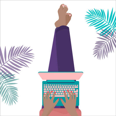 Vector flat style illustration. Freelance woman working at home office using laptop. Freelance concept.のイラスト素材
