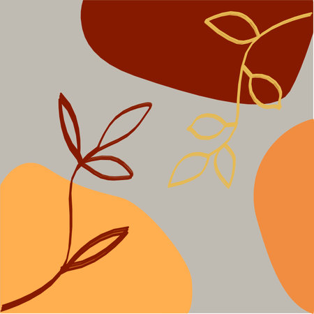 Vector illustration with paints in boho style. Abstract watercolor geometric shapes of balance, plants. Design for cover, wallpaper, postcards, social networks, decor. Gray and yellow colors.のイラスト素材