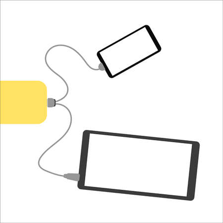 smartphone and tablet are charged from an external battery. Vector flat illustration. Shades of gray and yellow. Isolatedのイラスト素材