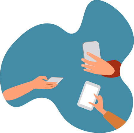 The girl's hands are typing a message on the laptop. The concept of freelancing or online communication. Vector, flat, whiteのイラスト素材
