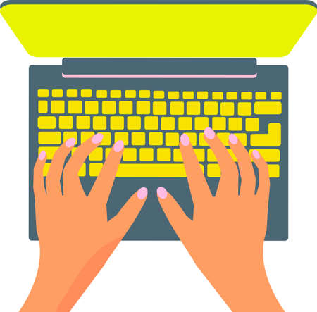 The girl's hands are typing a message on the laptop. The concept of freelancing or online communication. Vector, flat, whiteのイラスト素材