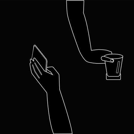 hand is holding the phone and the hand is holding the glass.のイラスト素材