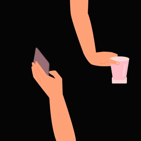 The hand is holding the phone and the hand is holding the glass. Black background. Flat, multilm. vector illustration.のイラスト素材