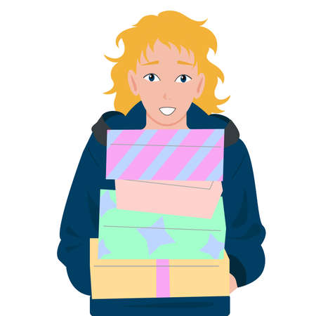 The blond guy is carrying New Year s gifts. Vector graphics in the style of flat on a white background.のイラスト素材