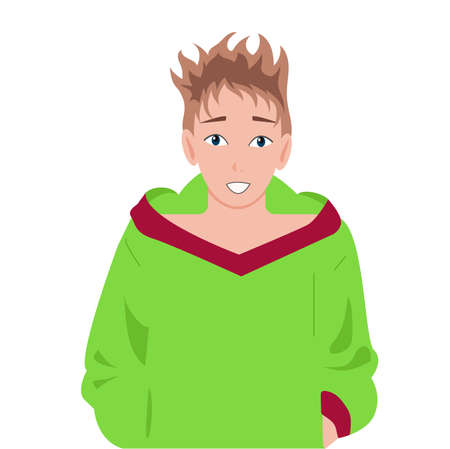 The guy with brown hair, in a green sweatshirt. Picture for avatar, character. Comfort and harmony. Vector illustration in flatのイラスト素材
