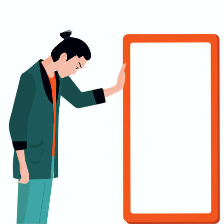 The hand is holding a smartphone. Black and white illustration in simple style or hand drawing. A vase of flowers, a cup of coffee. Techniqueのイラスト素材