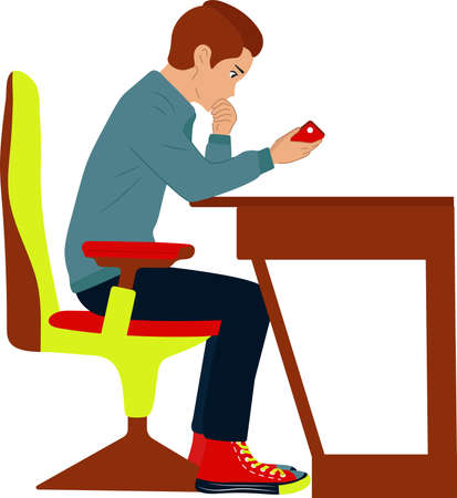 A nice guy sits at a table and holds a phone in his hands. Computer chair, white background. Working day, searching for solutions. Flat vector in cartoonのイラスト素材