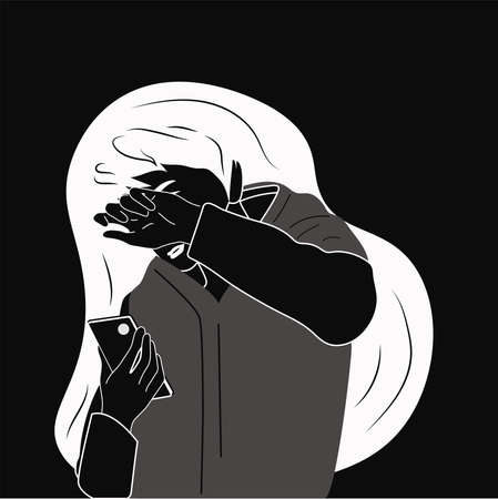 Black and white vector ihand drawing line. Girl with a phone.のイラスト素材