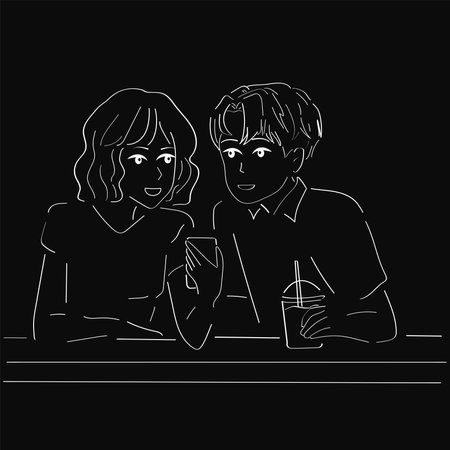 Black and white vector hand drawing line. A guy and a girl are sitting in a cafe and drinking coffee.のイラスト素材