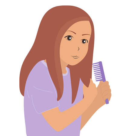 The girl is combing her hair, holding a lock of hair in her hand. Vector, flat, whiteのイラスト素材
