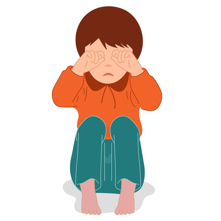 Kid crying, covering his eyes with his hands. Scared, depressed, sad boy looks lonely. Vector illustration of helpless, frightened child. Worryのイラスト素材