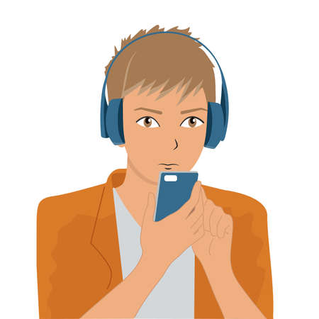 Young guy listens to music and podcasts in headphones. Vector, flat, white background.のイラスト素材