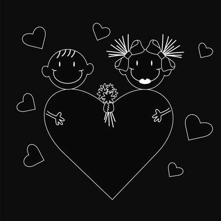 Outline style black and white girl and boy fall in love with each other. Bouquet of flowers and a huge heart, Valentine's day vector design concept. love storyのイラスト素材