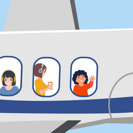 The woman travels by plane. The passenger enjoys the journey. Safe flight concept. vector illustration of a cartoonのイラスト素材