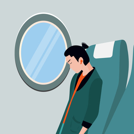 The woman travels by plane. The passenger enjoys the trip, listens to music on headphones. The concept of a safe flight.のイラスト素材