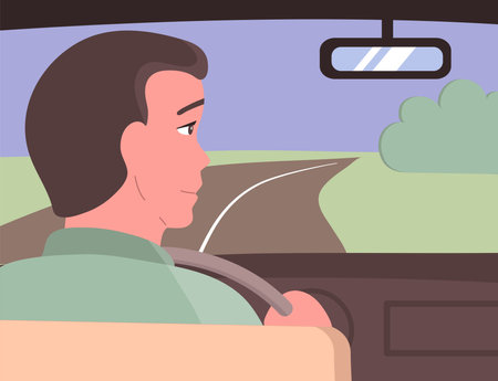 Trip, travel.Black and white vector. A young guy drives a car on the road.のイラスト素材