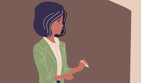 The teacher near the blackboard holds a chalk in his hands. vector flat