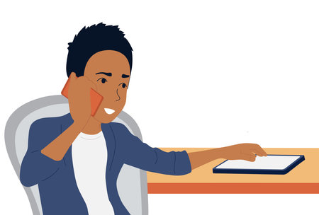 Serious guy talking on the phone. Vector illustration isolated on white background.のイラスト素材