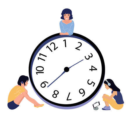 People spend their time doing business. Large mechanical clock. Hurry, run or relax.のイラスト素材