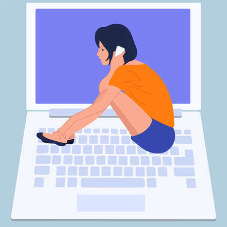 The concept of using a laptop. People communicate via video link or watch movies.のイラスト素材