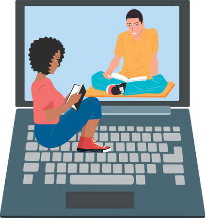 The concept of using a laptop. People communicate via video link or watch movies.のイラスト素材