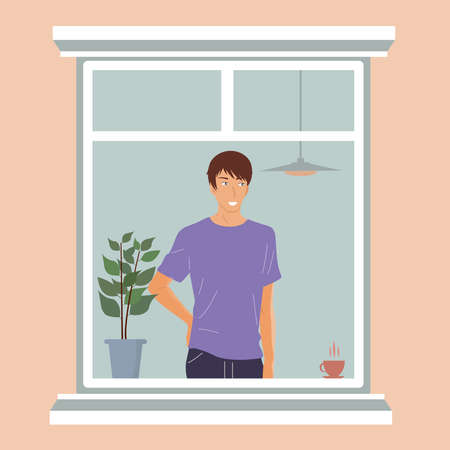 The guy is standing near the window. smile and good mood. vector,のイラスト素材