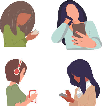 The concept of using a mobile phone or graphics tablet. People communicate via video call or write messagesのイラスト素材