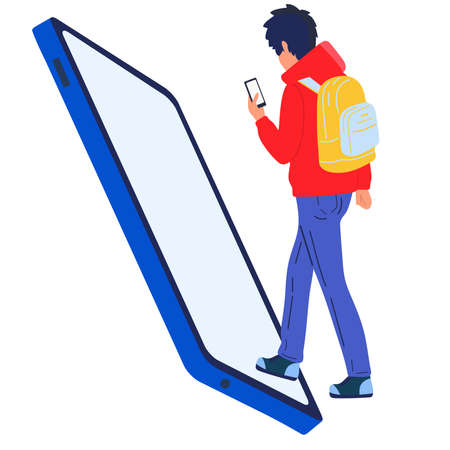 The concept of using a mobile phone or graphics tablet. People communicate via video call or write messagesのイラスト素材