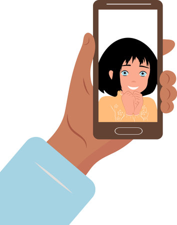 The little girl expresses joy by folding her hands together. Feelings and emotions of a child listening to music in headphonesのイラスト素材