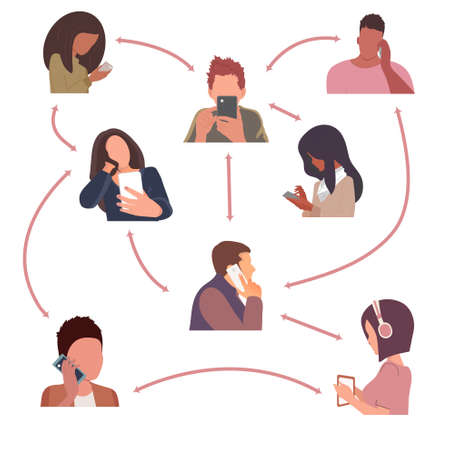 Online video conference concept.Internet communication. People communicate using phone and laptop.のイラスト素材