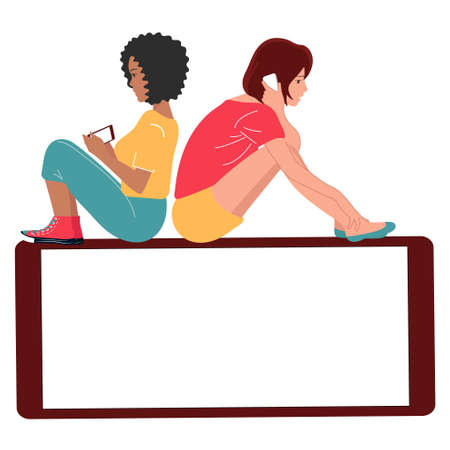 Online video conference concept.Internet communication. People communicate using phone and laptop.のイラスト素材