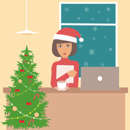 New Year or Christmas. House or apartment decorated with a Christmas tree.Vector illustration.のイラスト素材