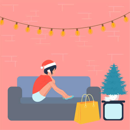 Woman's Christmas happiness. Christmas tree, gifts Vectorのイラスト素材