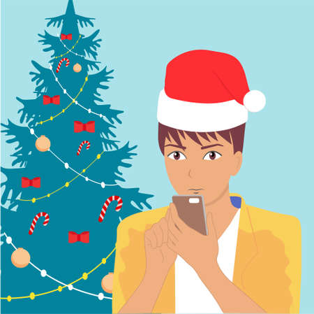 Christmas happiness of a man. Christmas tree, gifts. Vectorのイラスト素材