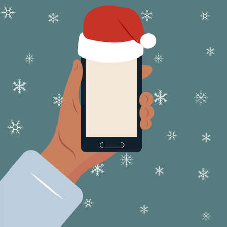 New Year or Christmas. Smartphone or tablet, space for text. Christmas decorations.のイラスト素材