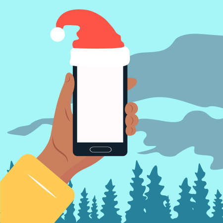 New Year or Christmas. Smartphone or tablet, space for text. Christmas decorations.のイラスト素材