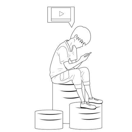 The guy looks at the phone. Games, online work, media. Opportunity to earn money.のイラスト素材
