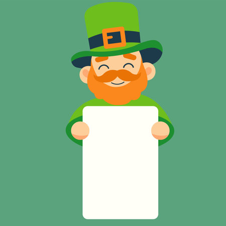 Leprechaun holding a blank sheet of paper. Vector illustrationのイラスト素材
