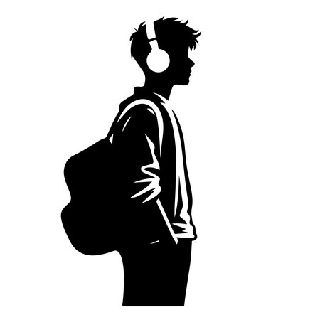 Teenage Boy with Backpack and Headphones, Silhouette Portrait of Modernのイラスト素材