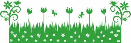 Grass green with birds and butterflies.Editable and scalable vectorのイラスト素材