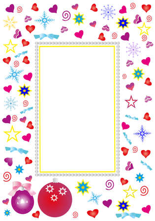Cute photo frame with Christmas elements with abstract design. Christmas balls, hearts, snowflakes, beads, card. Digital illustrationのイラスト素材