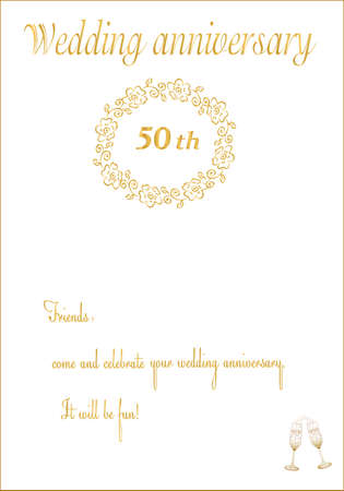 Wedding wreath and champagne glasses. Congratulations on the 50th wedding anniversary.Text and wishes.Template for postcards, digital illustrationsのイラスト素材