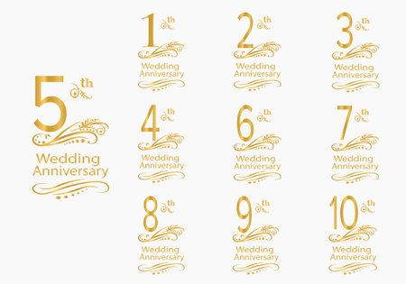 Set anniversary numbers with gold decor for holiday wedding events, anniversary cards, wedding, birthday, celebration. Floral ornament text. Digital illustration templateのイラスト素材