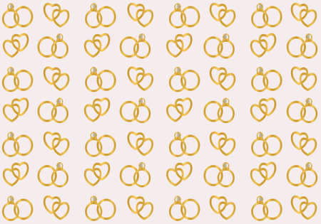 Delicate pink background with gold wedding elements. A repeating design with wedding rings and hearts. Use decorations on your wedding anniversary invitations. Decoration of gifts, cards, prints, posterのイラスト素材
