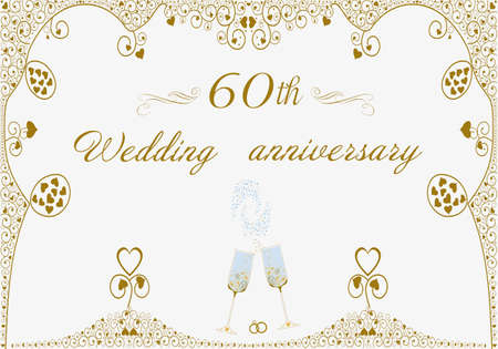 60th wedding anniversary invitation. Original abstract beautiful illustration. Golden pattern. Diamond wedding. Glasses of champagne. Wedding rings, heartsのイラスト素材