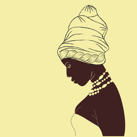 Silhouette of a young beautiful African woman. Africa. Princess with dark brown skin with a turban on her head.のイラスト素材