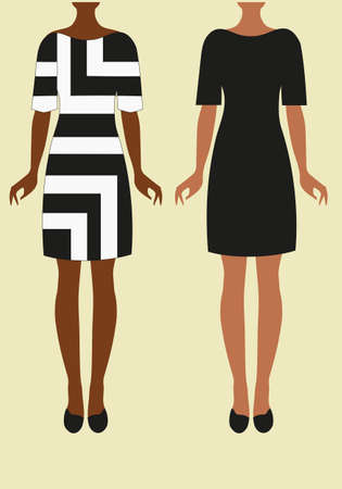 Two girls in a dress. One girl in a dress with abstract black and white stripes. Another girl in a black little dress. Fashion for women. Handmade brush. Digital illustration. Advertisingのイラスト素材