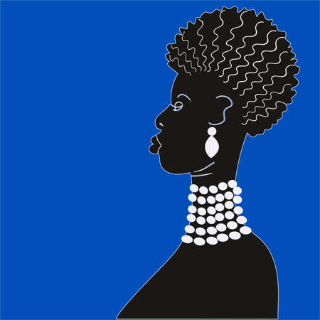 Silhouette of a modest young African girl with beads around her neck. Princess with dark skin. Poster. Sample.のイラスト素材