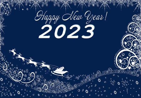 Happy New Year 2023 beautiful background with snowflakes. Banner. Santa on a sleigh and reindeer...