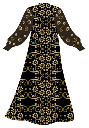 Dress evening free cut with long sleeves. Floral golden ornate pattern. fashion for women. Author's work. fashion trends. digital illustrationのイラスト素材